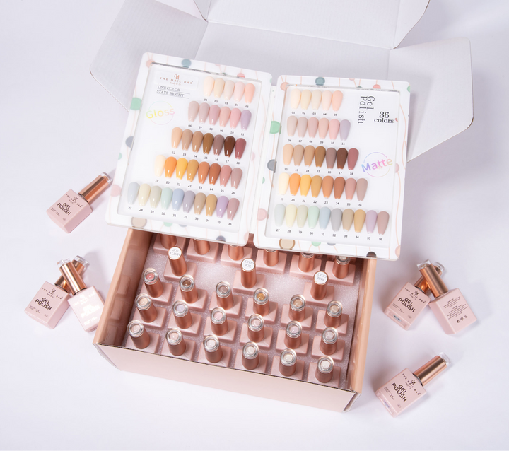 Professional gel polish set with 36 earthy neutral shades – long-lasting, UV/LED soak-off formula