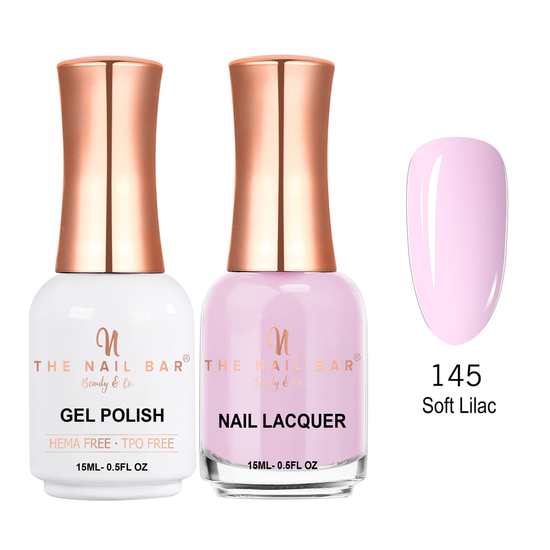 TNBDUAL145-PKG – Dual 145 – Soft Lilac matching 15ml gel polish and nail lacquer set