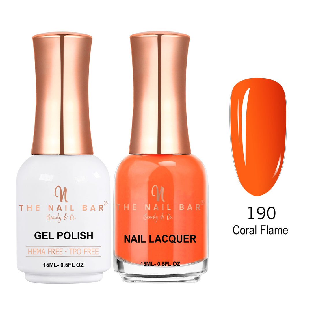 TNBDUAL190-PKG – Dual 190 – Coral Flame matching 15ml gel polish and nail lacquer set