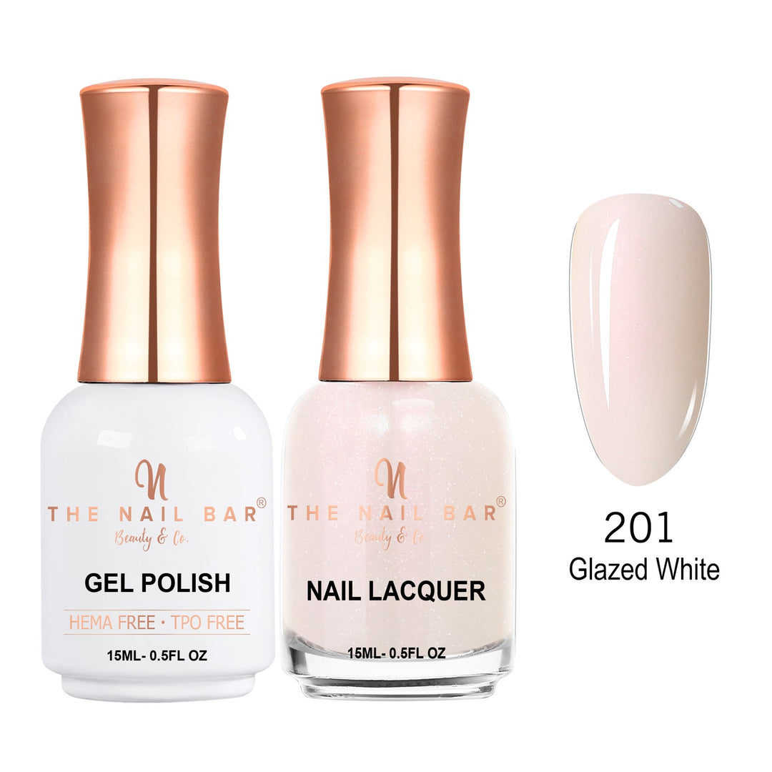 TNBDUAL201-PKG – Dual 201 – Glazed White matching 15ml gel polish and nail lacquer set