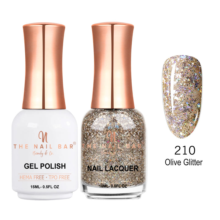 TNBDUAL210-PKG – Dual 210 – Olive Glitter matching 15ml gel polish and nail lacquer set