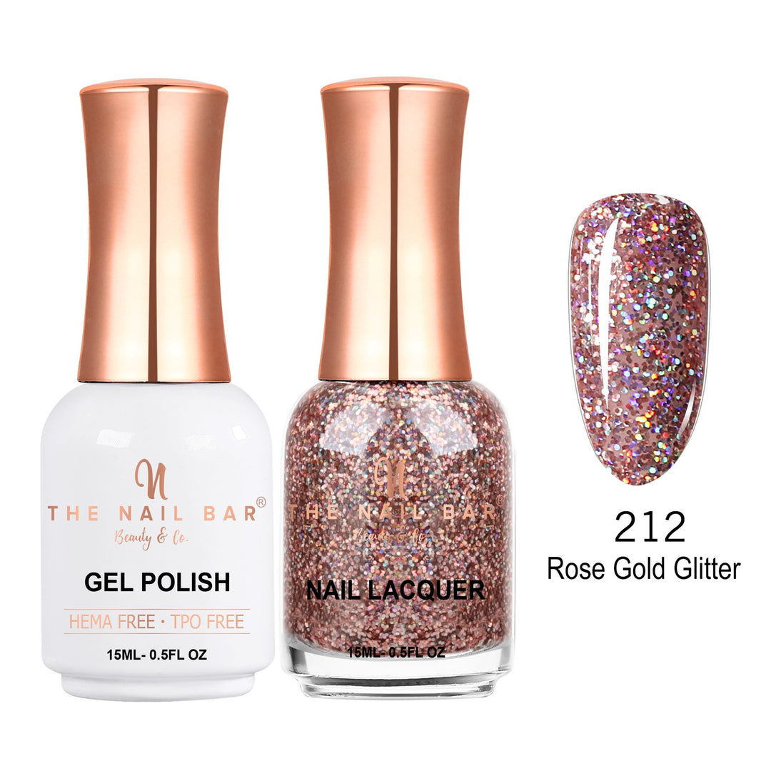 TNBDUAL212-PKG – Dual 212 – Rose Gold Glitter matching 15ml gel polish and nail lacquer set