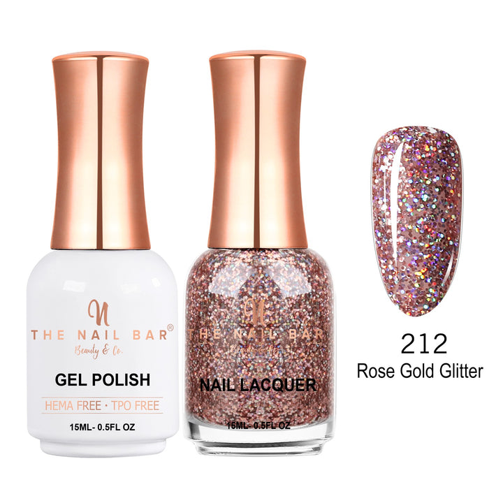 TNBDUAL212-PKG – Dual 212 – Rose Gold Glitter matching 15ml gel polish and nail lacquer set