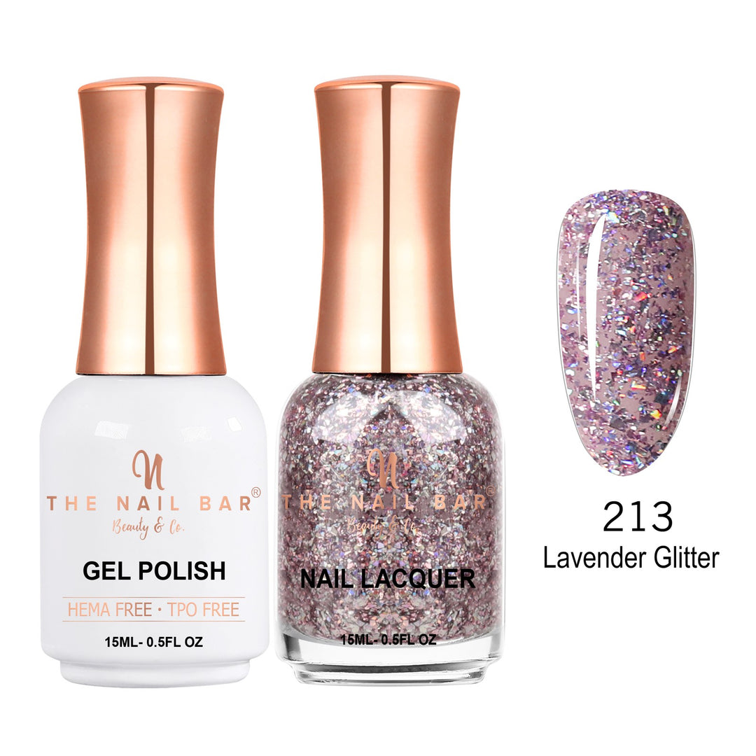 TNBDUAL213-PKG – Dual 213 – Lavender Glitter matching 15ml gel polish and nail lacquer set