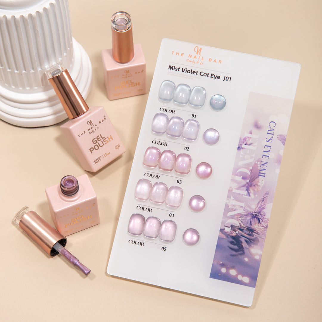 J01 gel polish set – product photograph and colour swatch chart