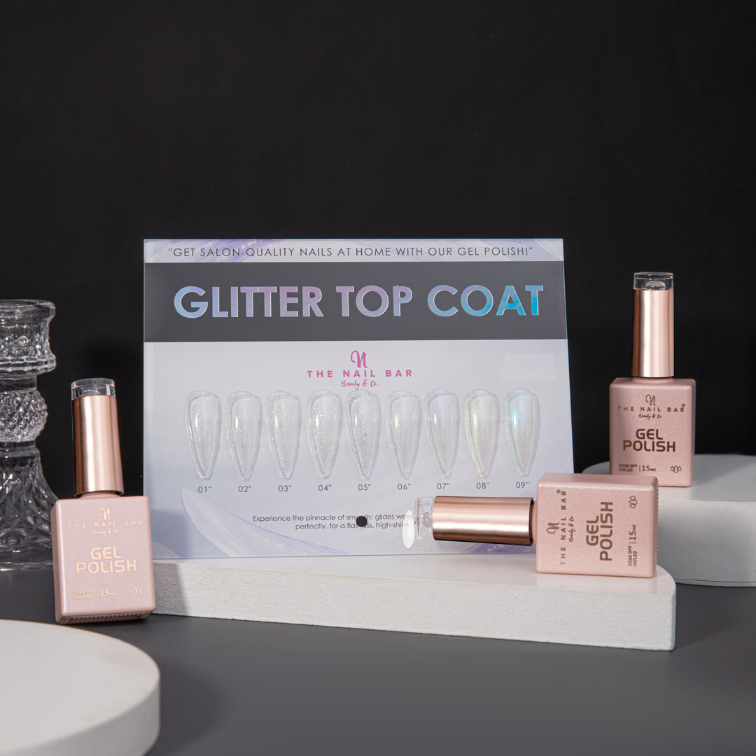 Glitter Gel Top Coat Set – product and finish swatches