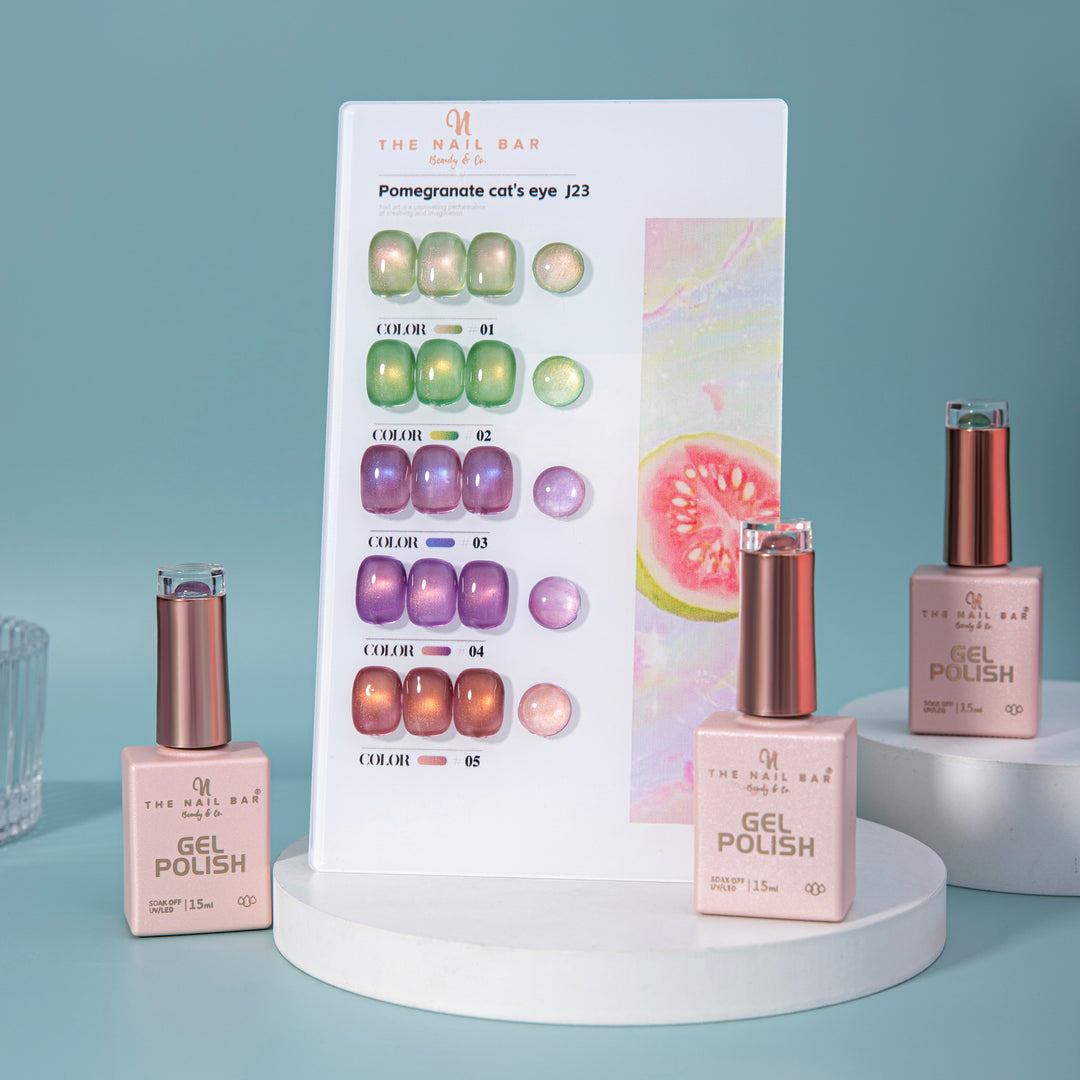 J23 gel polish set – IMG_9600 – product and colour swatch chart